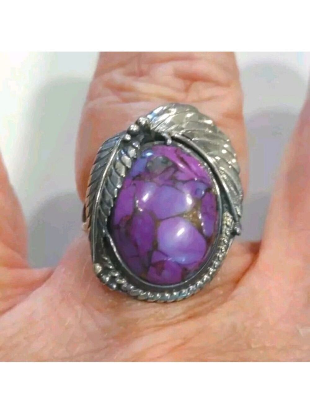 Native American Sterling Silver Purple Turquoise Stone Leaf Ring Sz 6.75